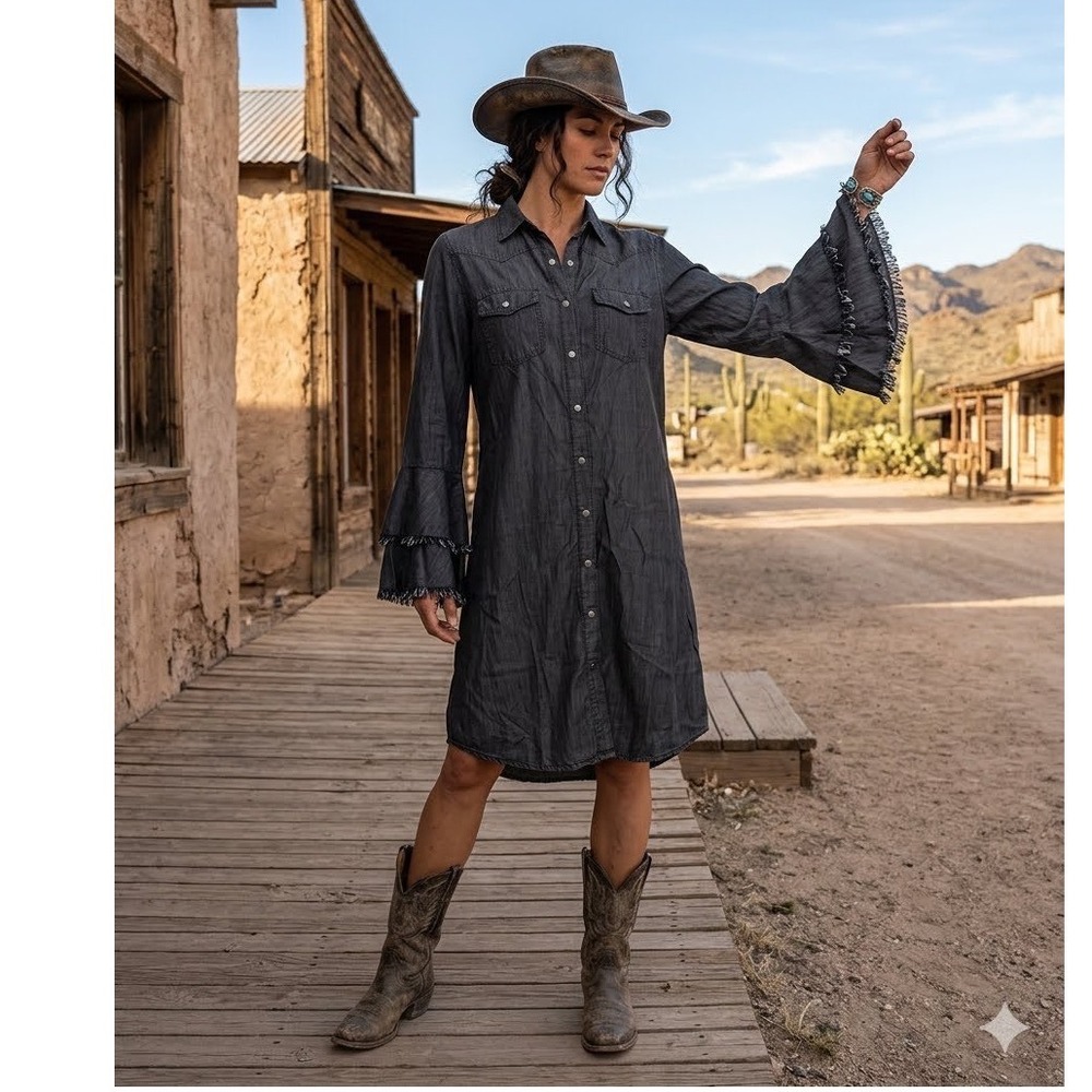 Indigo Thread Co Gray Lyocell Western Shirt Dress Frayed Bell Sleeve Medium